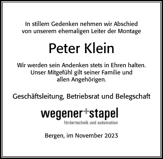 Traueranzeige von Peter Klein von Cellesche Zeitung