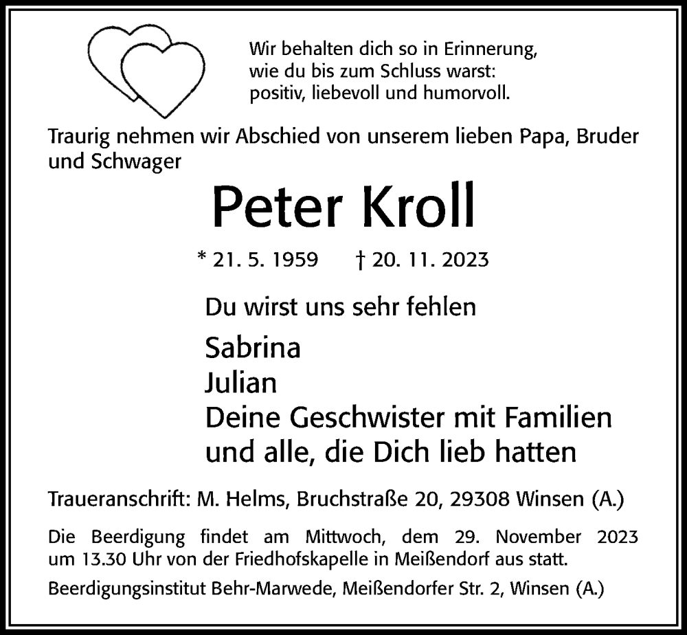  Traueranzeige für Peter Kroll vom 25.11.2023 aus Cellesche Zeitung