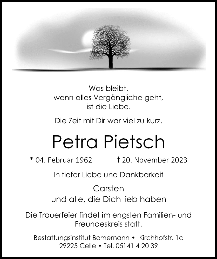  Traueranzeige für Petra Pietsch vom 25.11.2023 aus Cellesche Zeitung