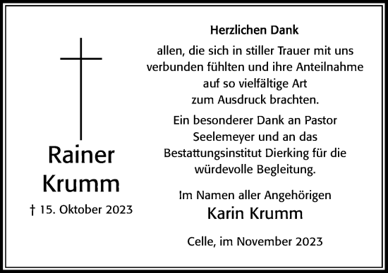 Traueranzeige von Rainer Krumm von Cellesche Zeitung