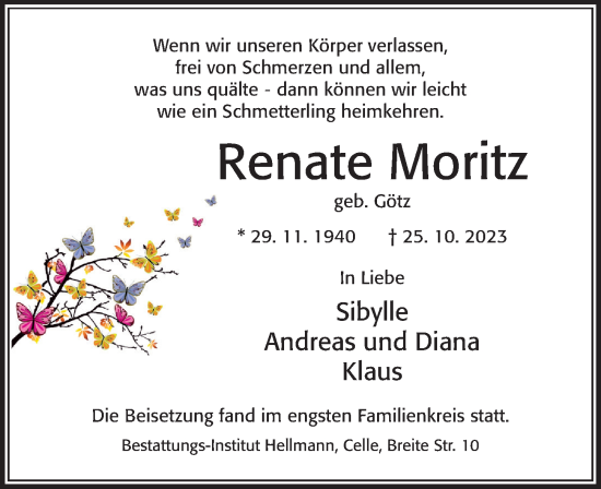 Traueranzeige von Renate Moritz von Cellesche Zeitung