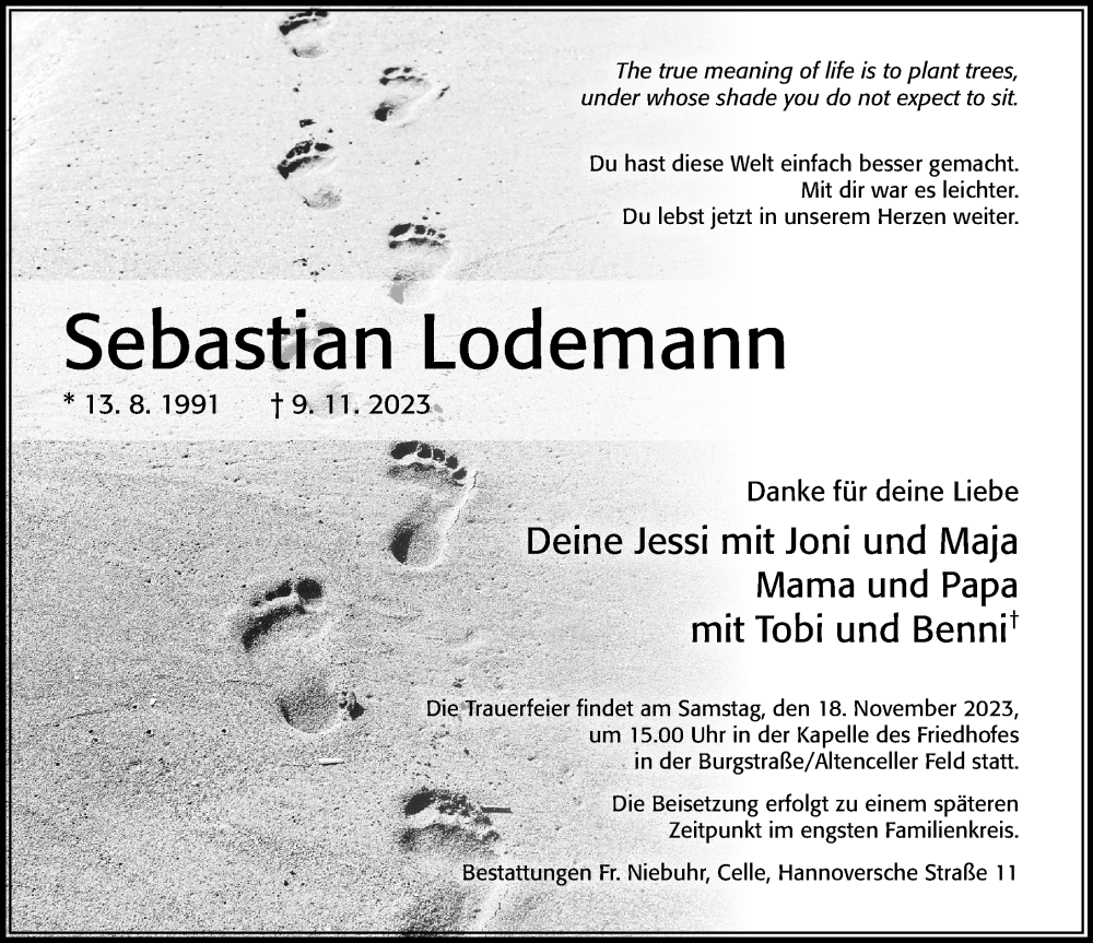  Traueranzeige für Sebastian Lodemann vom 15.11.2023 aus Cellesche Zeitung