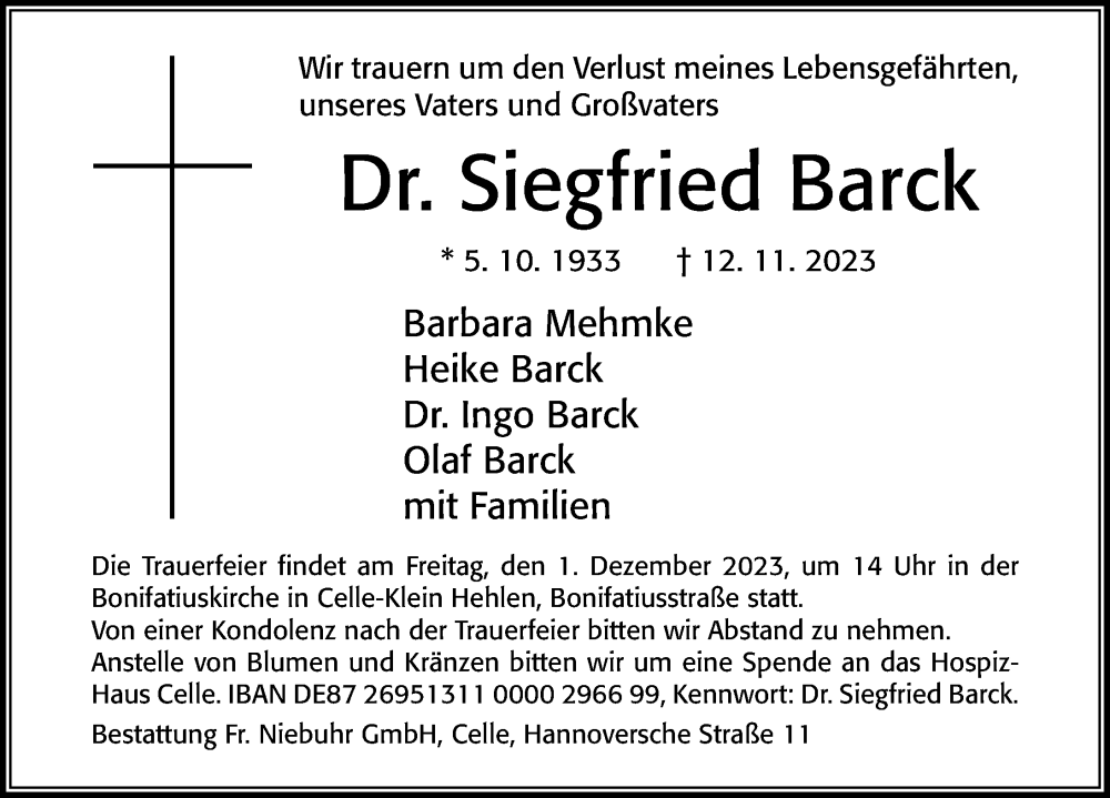  Traueranzeige für Siegfried Barck vom 25.11.2023 aus Cellesche Zeitung