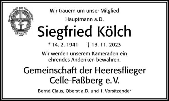 Traueranzeige von Siegfried Kölch von Cellesche Zeitung