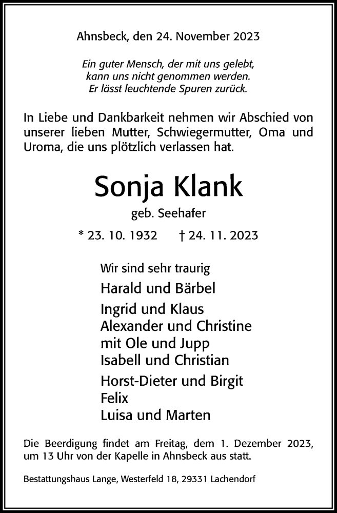  Traueranzeige für Sonja Klank vom 28.11.2023 aus Cellesche Zeitung