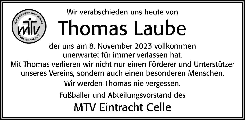  Traueranzeige für Thomas Laube vom 24.11.2023 aus Cellesche Zeitung