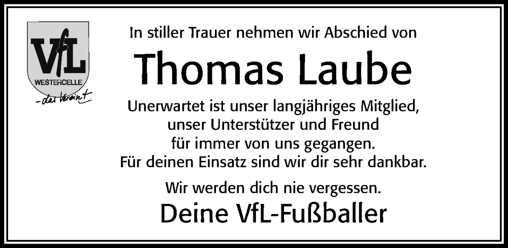  Traueranzeige für Thomas Laube vom 11.11.2023 aus Cellesche Zeitung