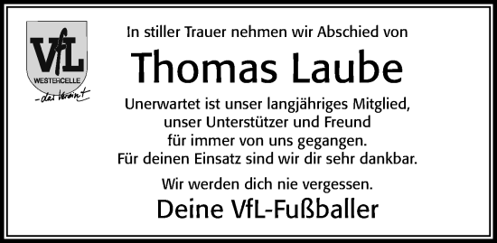 Traueranzeige von Thomas Laube von Cellesche Zeitung
