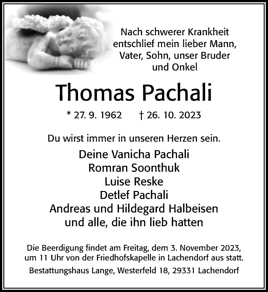  Traueranzeige für Thomas Pachali vom 01.11.2023 aus Cellesche Zeitung