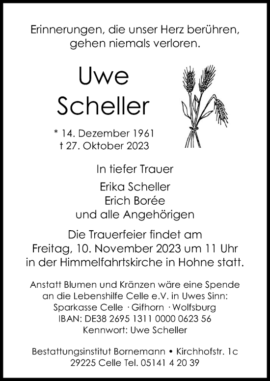 Traueranzeige von Uwe Scheller von Cellesche Zeitung