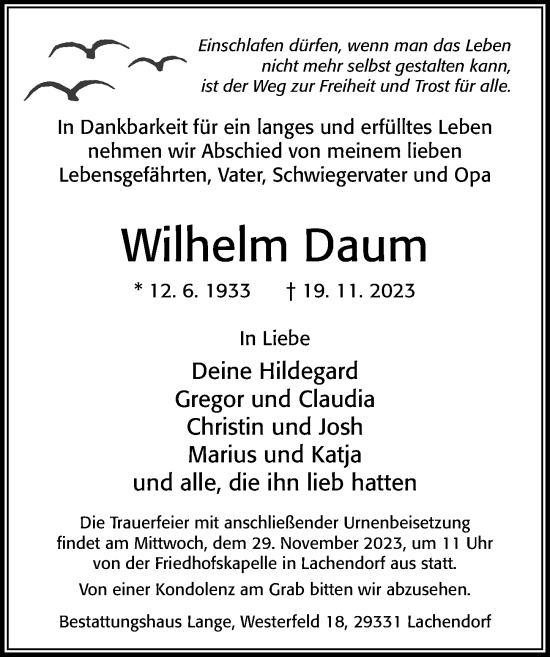 Traueranzeige von Wilhelm Daum von Cellesche Zeitung