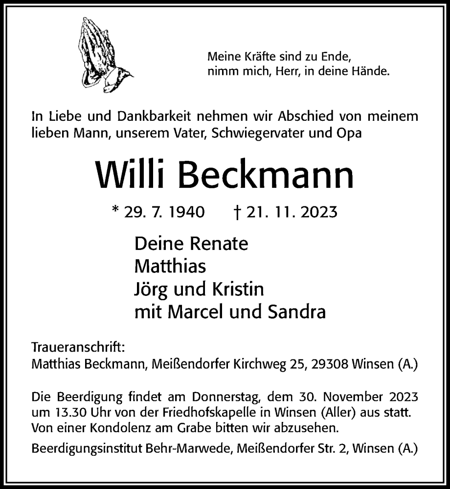 Traueranzeige für Willi Beckmann vom 25.11.2023 aus Cellesche Zeitung