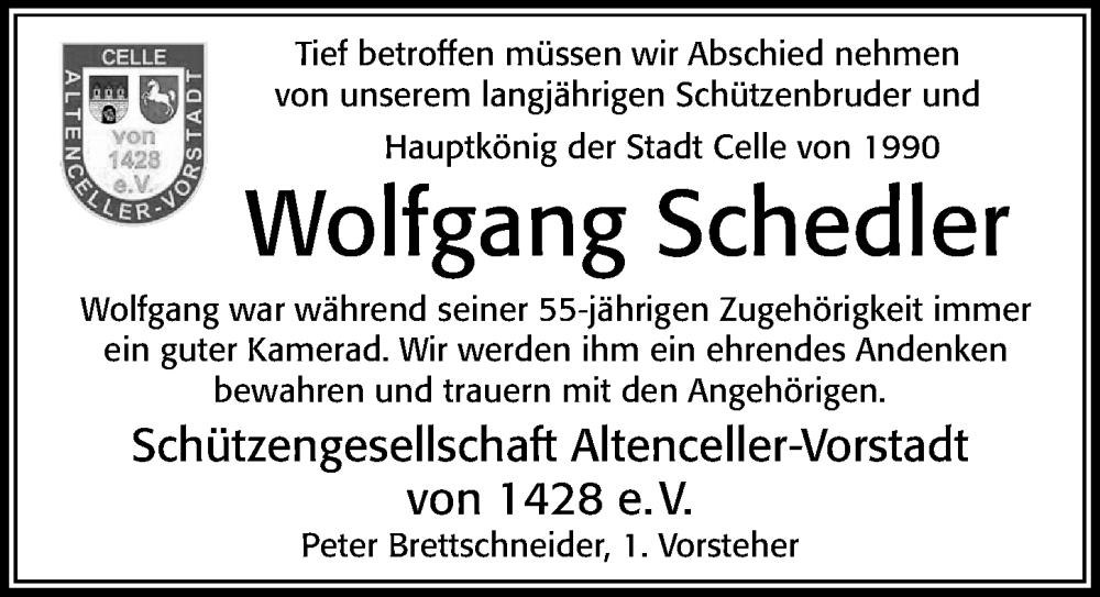  Traueranzeige für Wolfgang Schedler vom 25.11.2023 aus Cellesche Zeitung