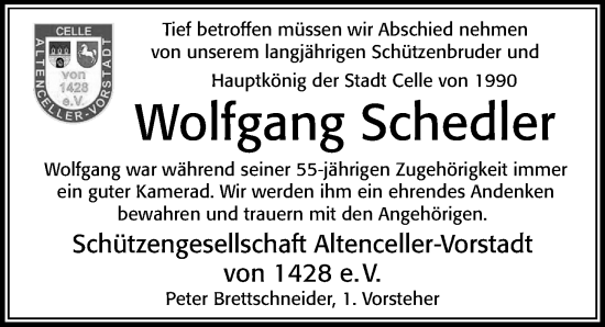 Traueranzeige von Wolfgang Schedler von Cellesche Zeitung