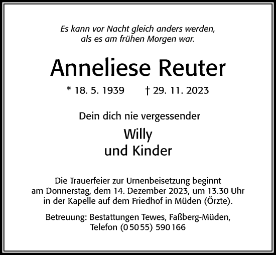 Traueranzeige von Anneliese Reuter von Cellesche Zeitung