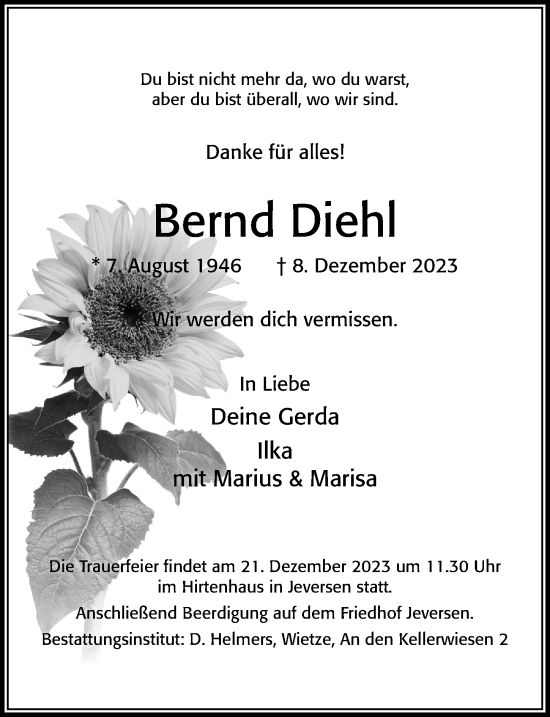 Traueranzeige von Bernd Diehl von Cellesche Zeitung