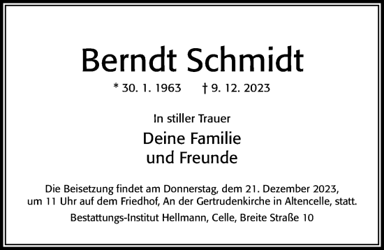 Traueranzeige von Berndt Schmidt von Cellesche Zeitung