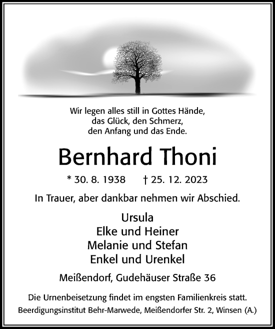 Traueranzeige von Bernhard Thoni von Cellesche Zeitung