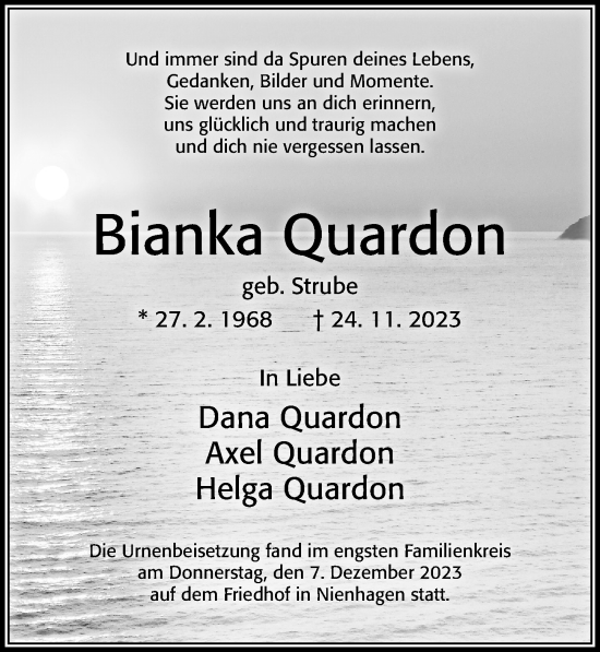 Traueranzeige von Bianka Quardon von Cellesche Zeitung