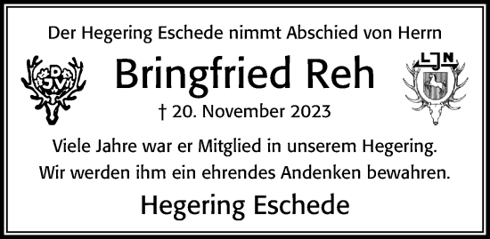 Traueranzeige von Bringfried Reh von Cellesche Zeitung