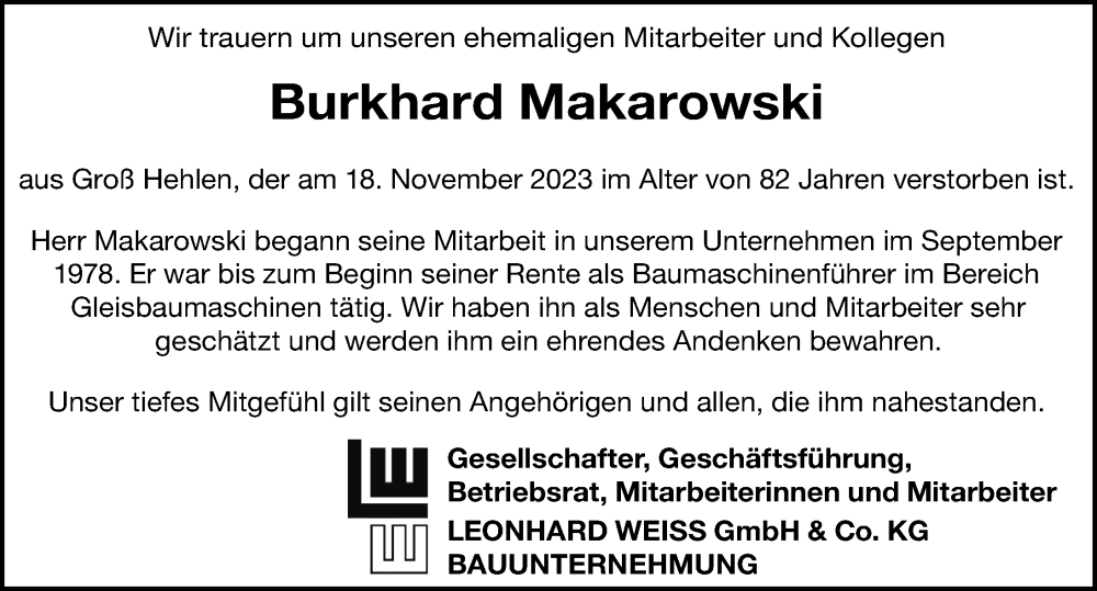  Traueranzeige für Burkhard Makarowski vom 15.12.2023 aus Cellesche Zeitung