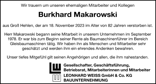 Traueranzeige von Burkhard Makarowski von Cellesche Zeitung