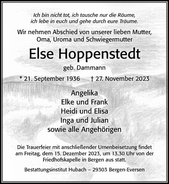 Traueranzeige von Else Hoppenstedt von Cellesche Zeitung