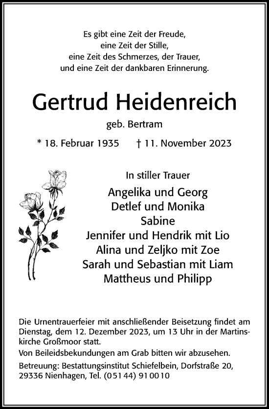 Traueranzeige von Gertrud Heidenreich von Cellesche Zeitung