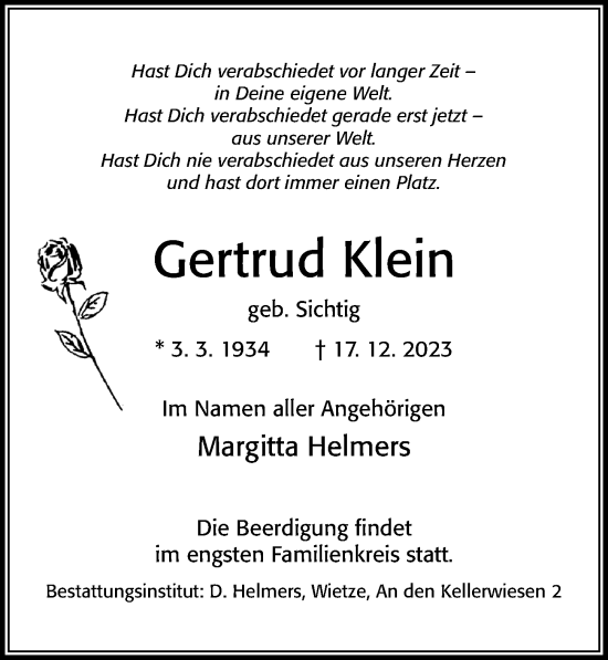 Traueranzeige von Gertrud Klein von Cellesche Zeitung