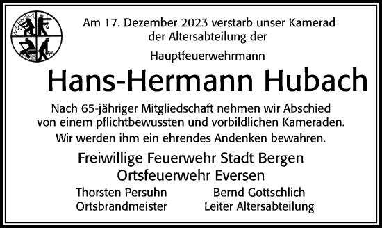 Traueranzeige von Hans-Hermann Hubach von Cellesche Zeitung