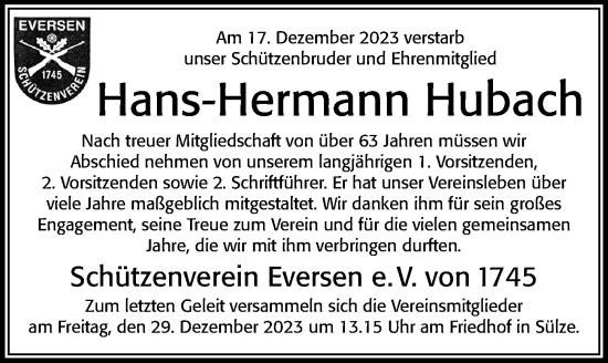 Traueranzeige von Hans-Hermann Hubach von Cellesche Zeitung