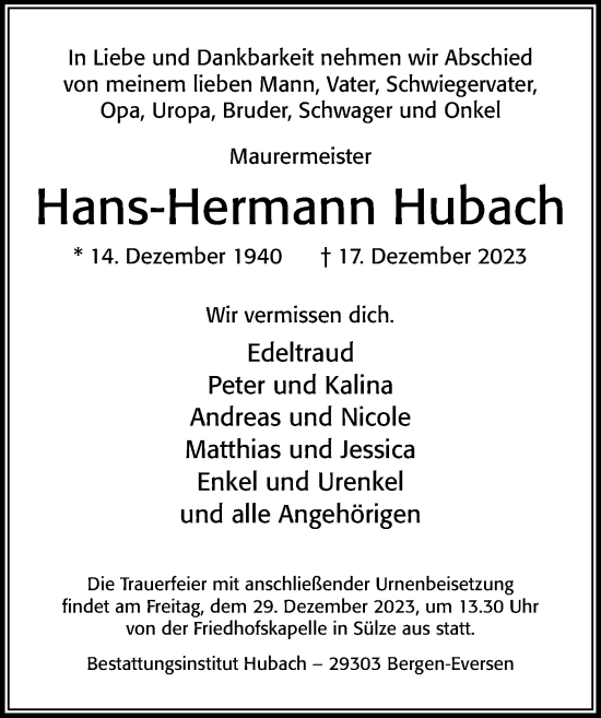 Traueranzeige von Hans-Hermann Hubach von Cellesche Zeitung