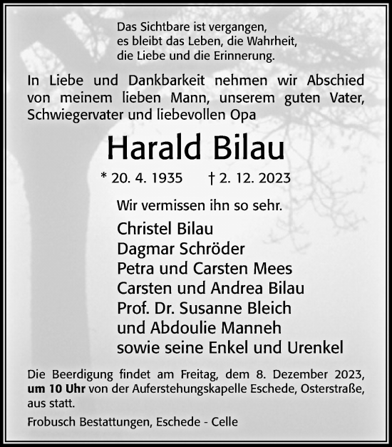 Traueranzeige von Harald Bilau von Cellesche Zeitung