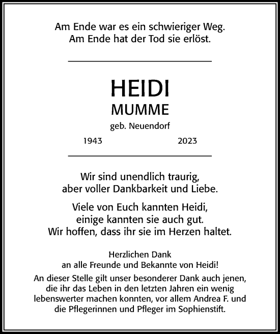 Traueranzeige von Heidi Mumme von Cellesche Zeitung