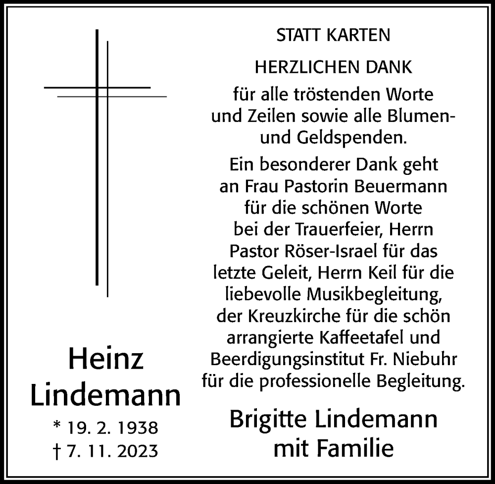 Traueranzeige für Heinz Lindemann vom 16.12.2023 aus Cellesche Zeitung