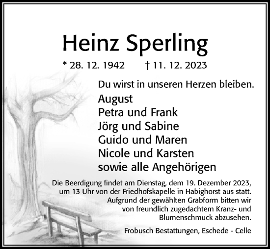 Traueranzeige von Heinz Sperling von Cellesche Zeitung