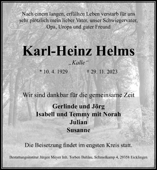 Traueranzeige von Karl-Heinz Helms von Cellesche Zeitung