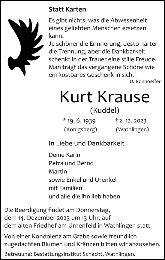 Traueranzeige von Kurt Krause von Cellesche Zeitung
