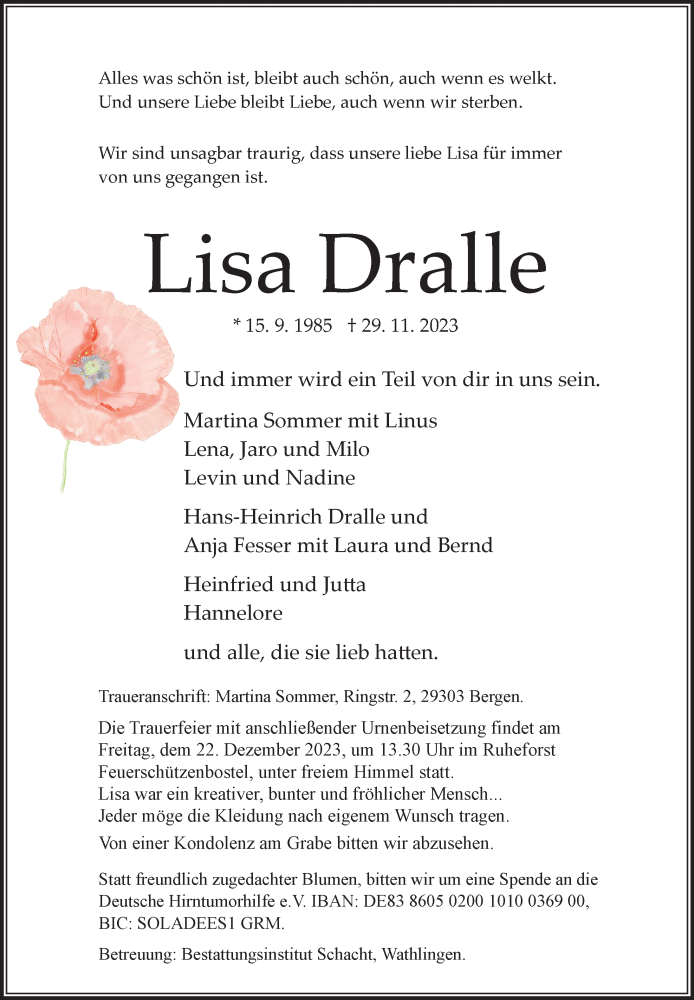  Traueranzeige für Lisa Dralle vom 09.12.2023 aus Cellesche Zeitung