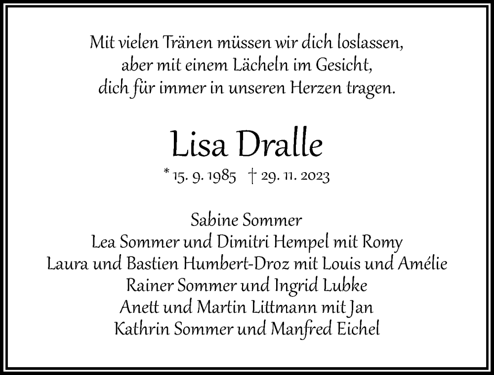  Traueranzeige für Lisa Dralle vom 09.12.2023 aus Cellesche Zeitung