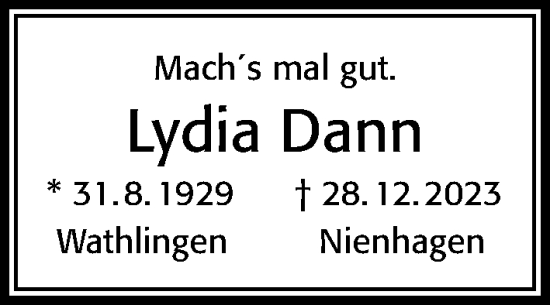 Traueranzeige von Lydia Dann von Cellesche Zeitung