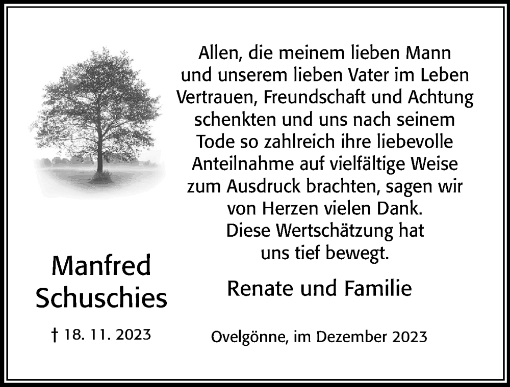  Traueranzeige für Manfred Schuschies vom 23.12.2023 aus Cellesche Zeitung
