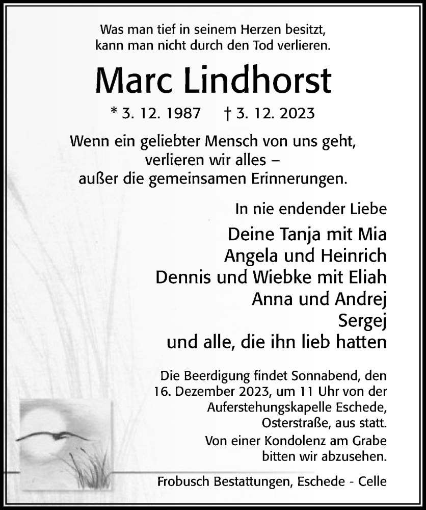  Traueranzeige für Marc Lindhorst vom 14.12.2023 aus Cellesche Zeitung