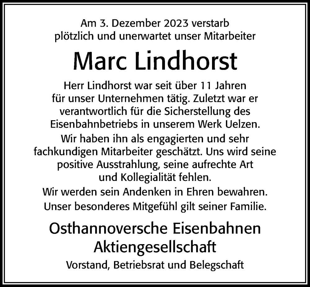  Traueranzeige für Marc Lindhorst vom 14.12.2023 aus Cellesche Zeitung