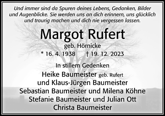 Traueranzeige von Margot Rufert von Cellesche Zeitung