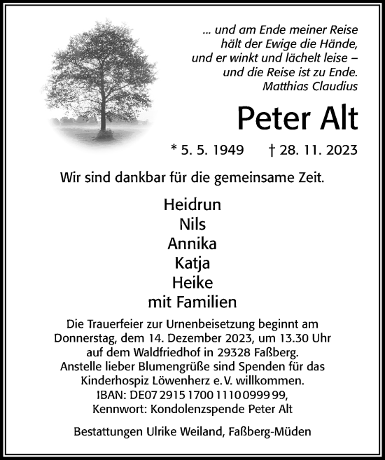 Traueranzeige von Peter Alt von Cellesche Zeitung