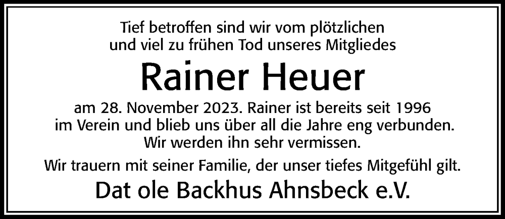  Traueranzeige für Rainer Heuer vom 02.12.2023 aus Cellesche Zeitung