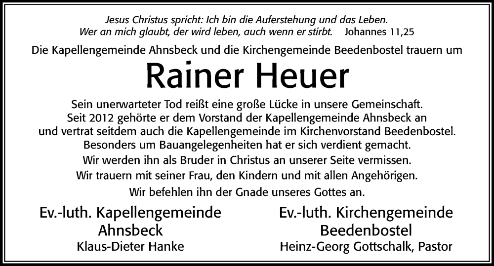  Traueranzeige für Rainer Heuer vom 02.12.2023 aus Cellesche Zeitung