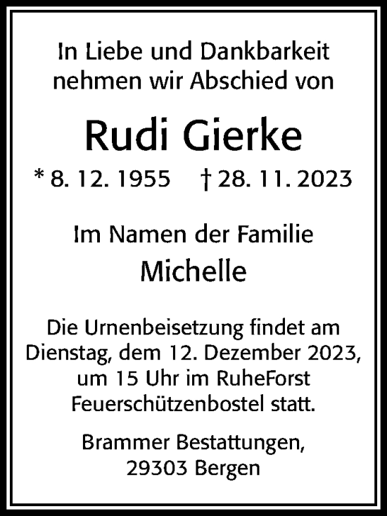 Traueranzeige von Rudi Gierke von Cellesche Zeitung