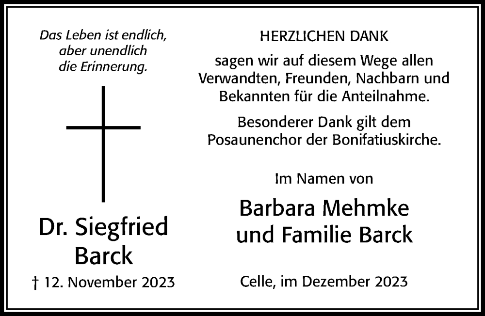  Traueranzeige für Siegfried Barck vom 09.12.2023 aus Cellesche Zeitung